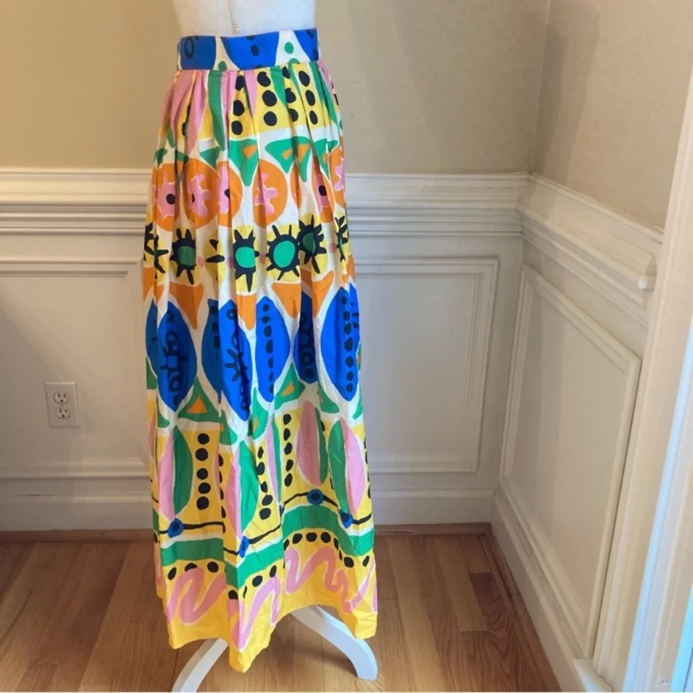 ZARA Colorful Cotton Abstract Batik African Print Pleated Maxi Skirt - Picture 5 of 13